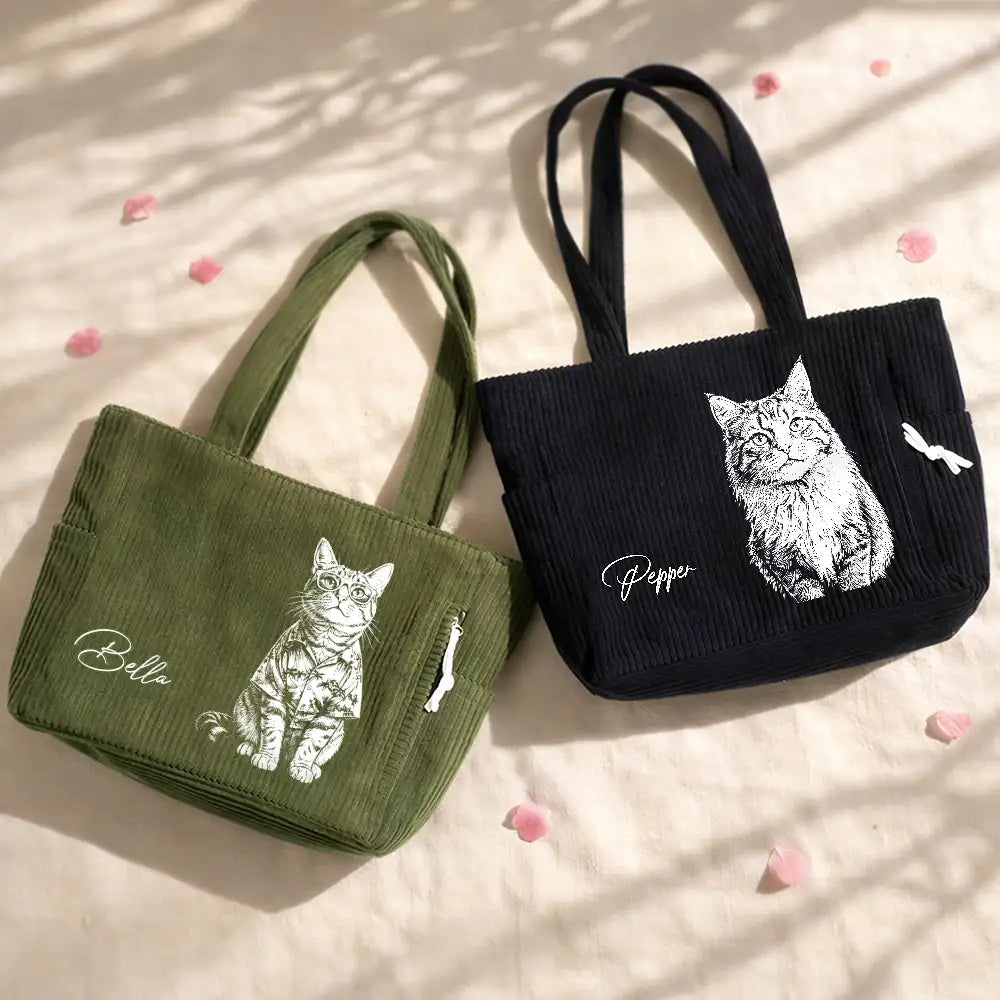 Custom Photo Bold Sketch Woman Man Dog Cat Funny Portrait - Personalized Corduroy Tote Bag