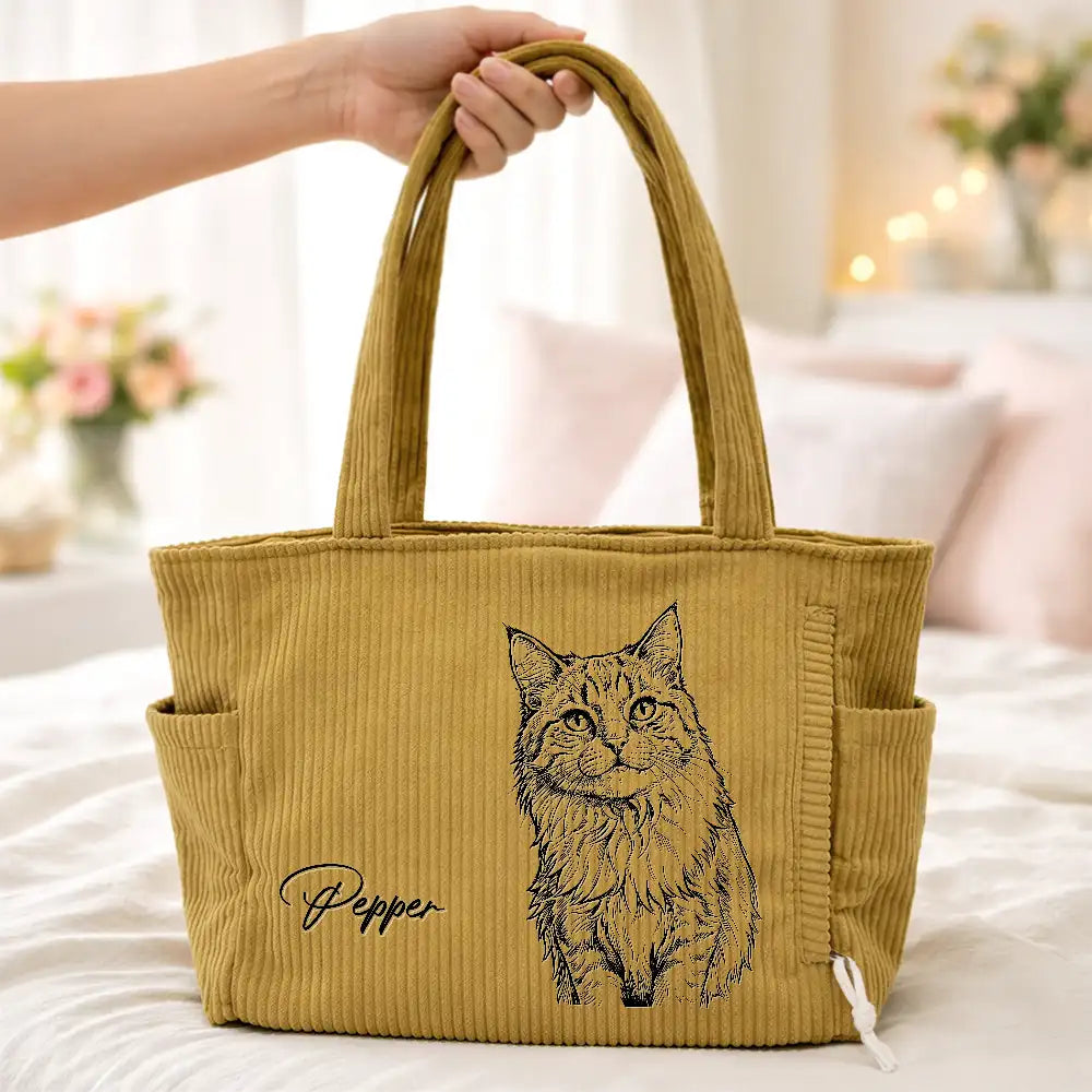 Custom Photo Bold Sketch Woman Man Dog Cat Funny Portrait - Personalized Corduroy Tote Bag