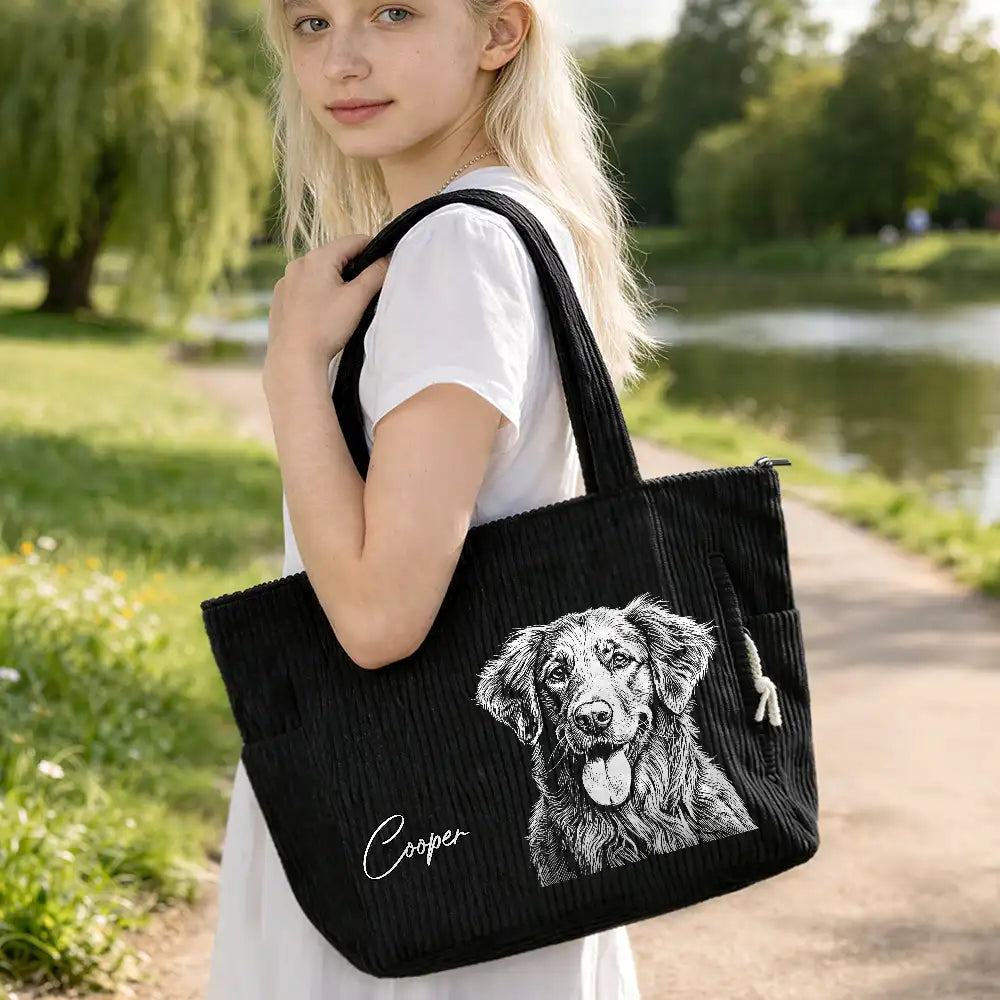 Custom Photo Bold Sketch Woman Man Dog Cat Funny Portrait - Personalized Corduroy Tote Bag