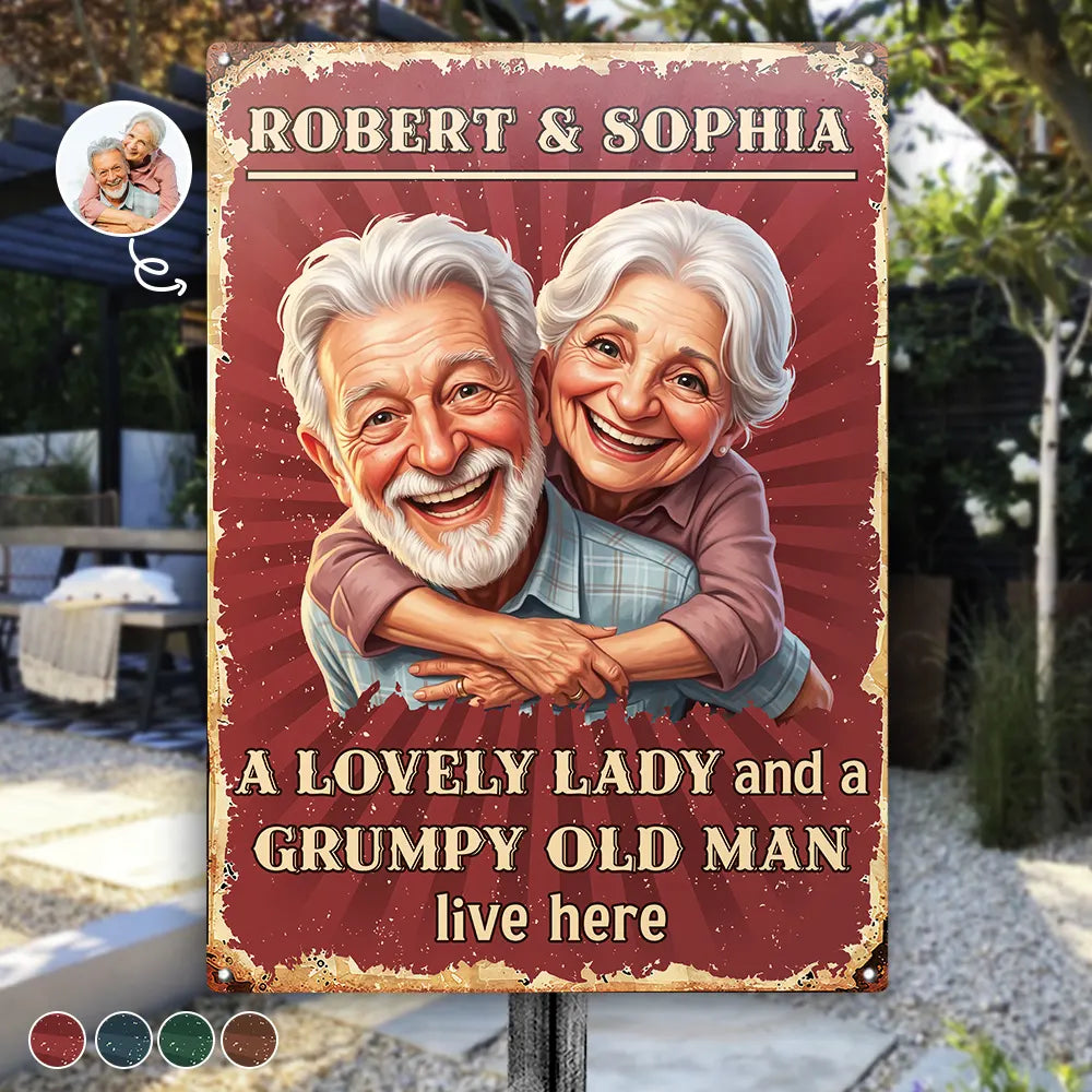 Custom Photo Caricature A Lovely Lady And A Grumpy Old Man Live Here - Personalized Classic Metal Signs
