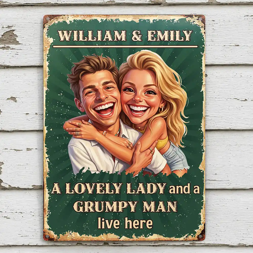 Custom Photo Caricature A Lovely Lady And A Grumpy Old Man Live Here - Personalized Classic Metal Signs