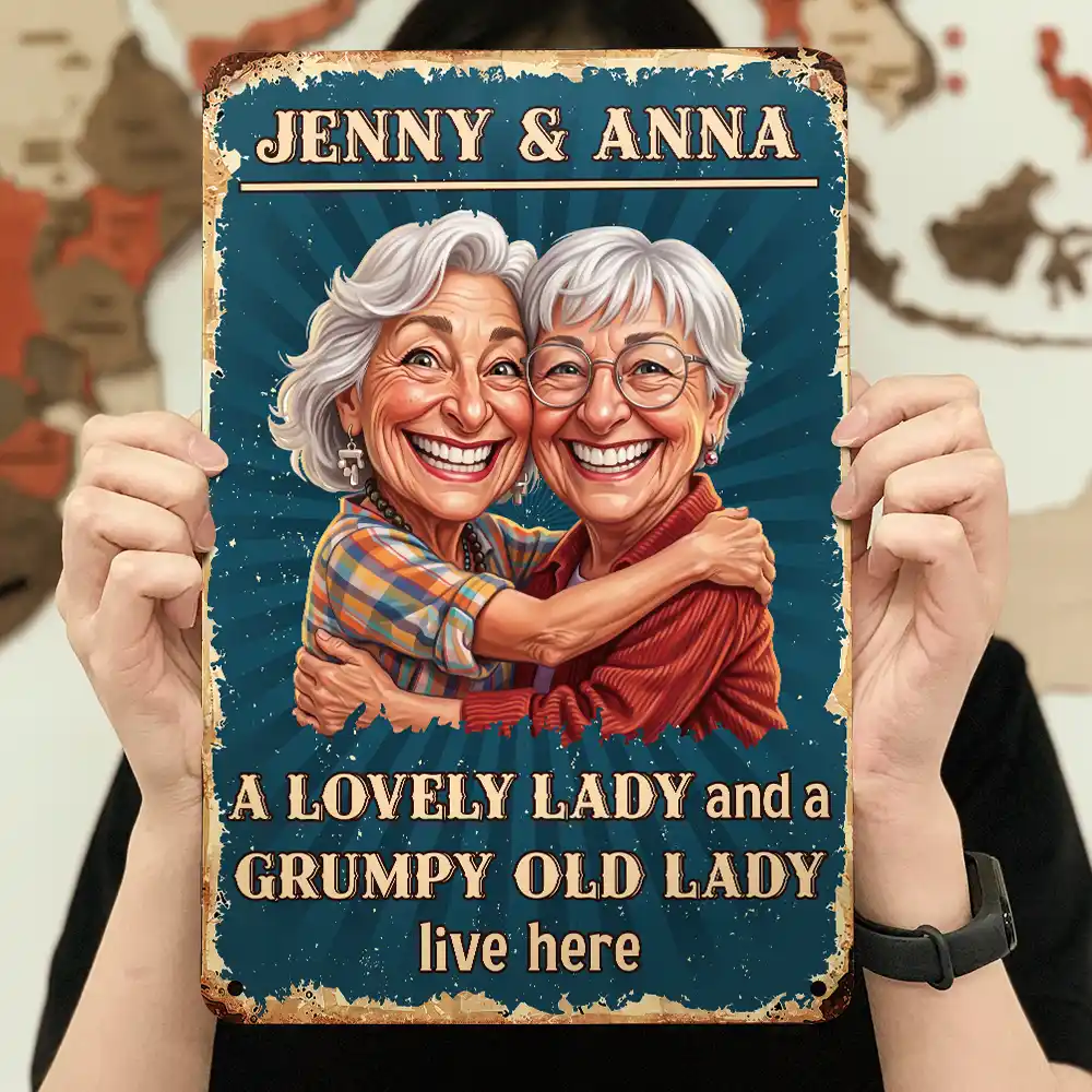 Custom Photo Caricature A Lovely Lady And A Grumpy Old Man Live Here - Personalized Classic Metal Signs
