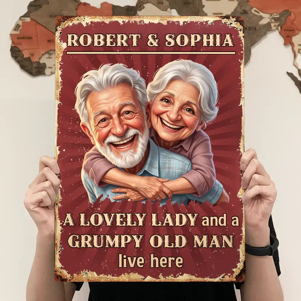 Custom Photo Caricature A Lovely Lady And A Grumpy Old Man Live Here - Personalized Classic Metal Signs