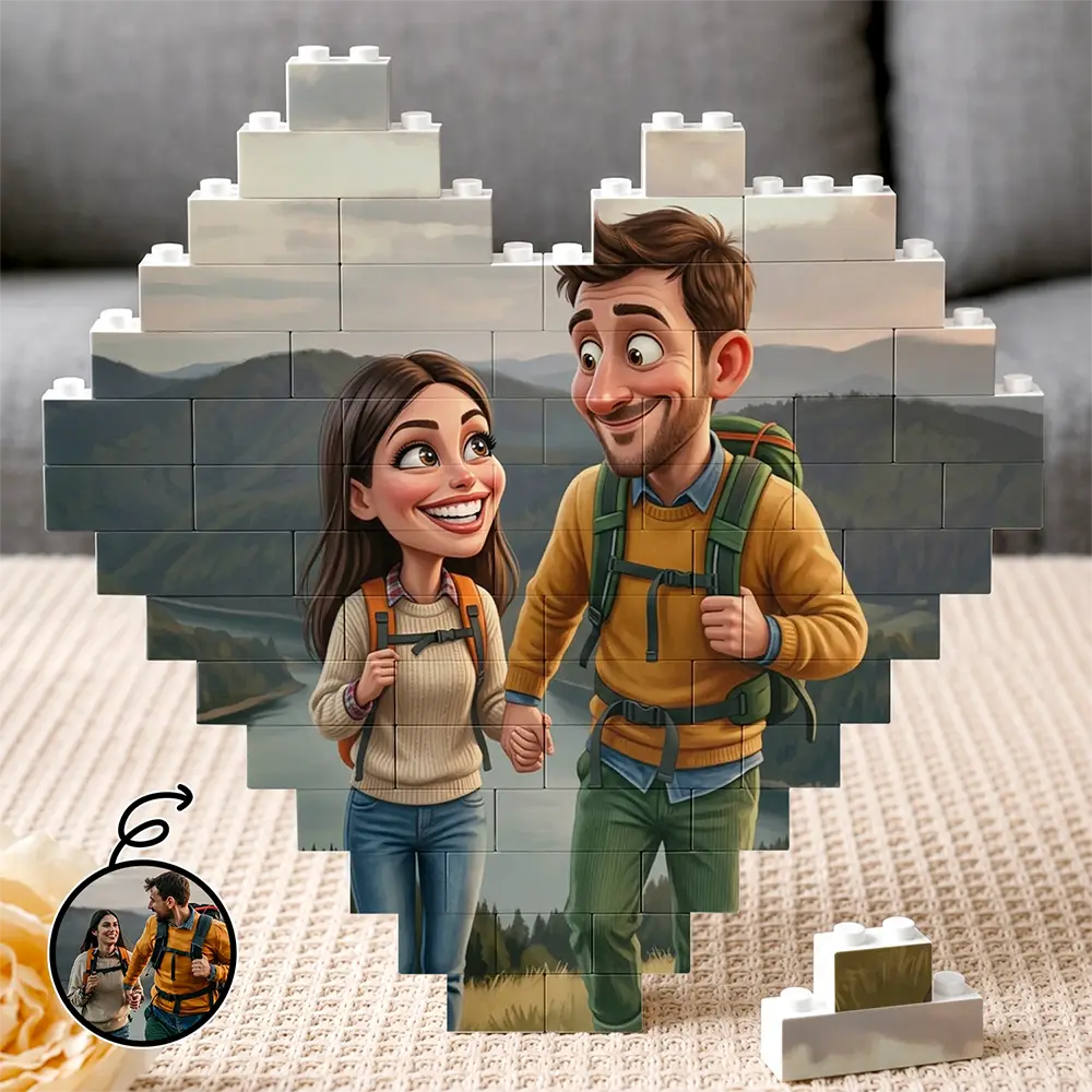 Custom Photo Caricature Couple Anniversary Romantic - Personalized Building Brick Blocks