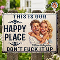 Custom Photo Caricature Couple Summer This Is Our Happy Place - Personalized Classic Metal Signs