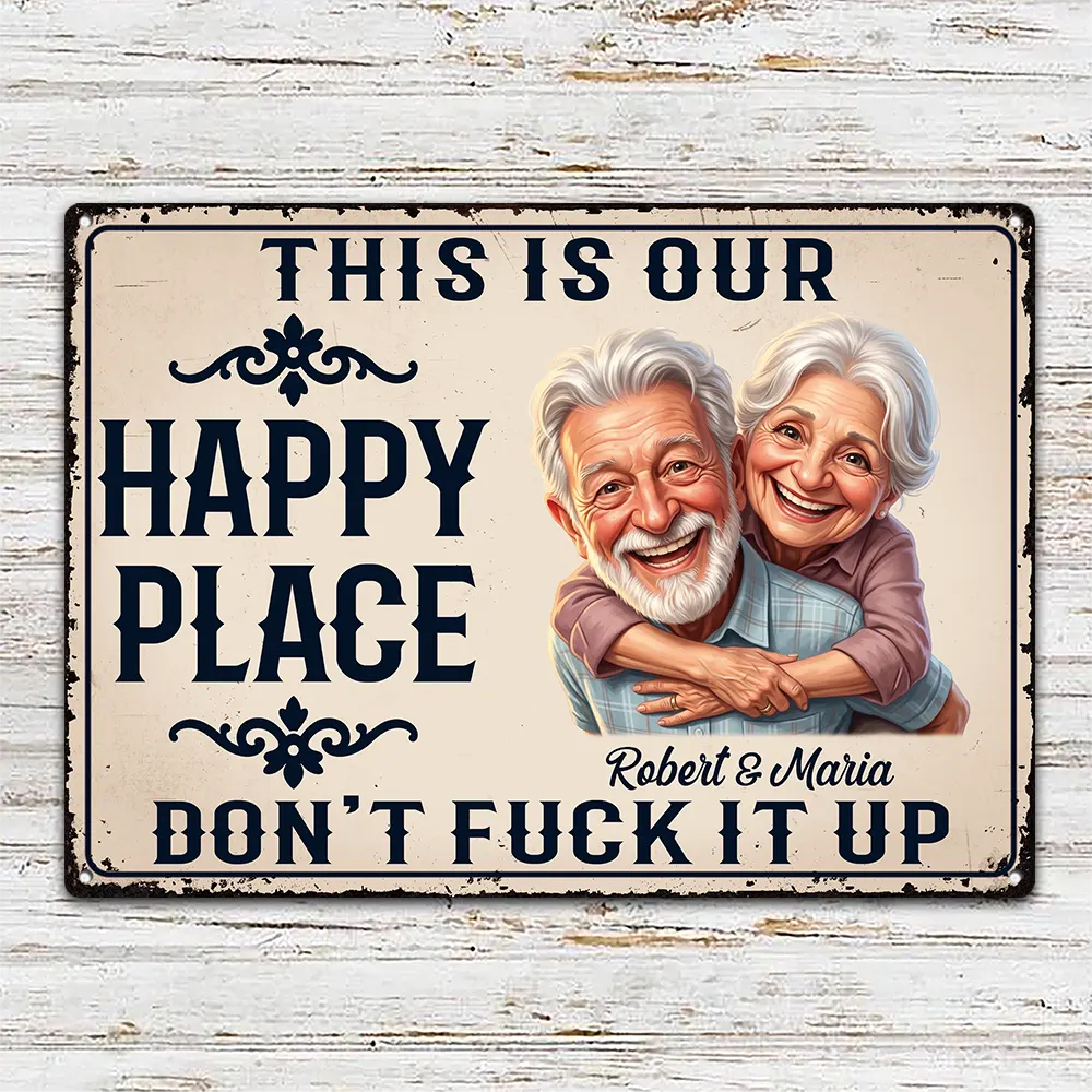 Custom Photo Caricature Couple Summer This Is Our Happy Place - Personalized Classic Metal Signs