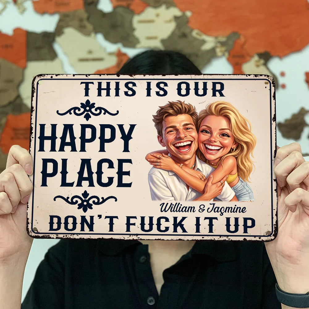 Custom Photo Caricature Couple Summer This Is Our Happy Place - Personalized Classic Metal Signs
