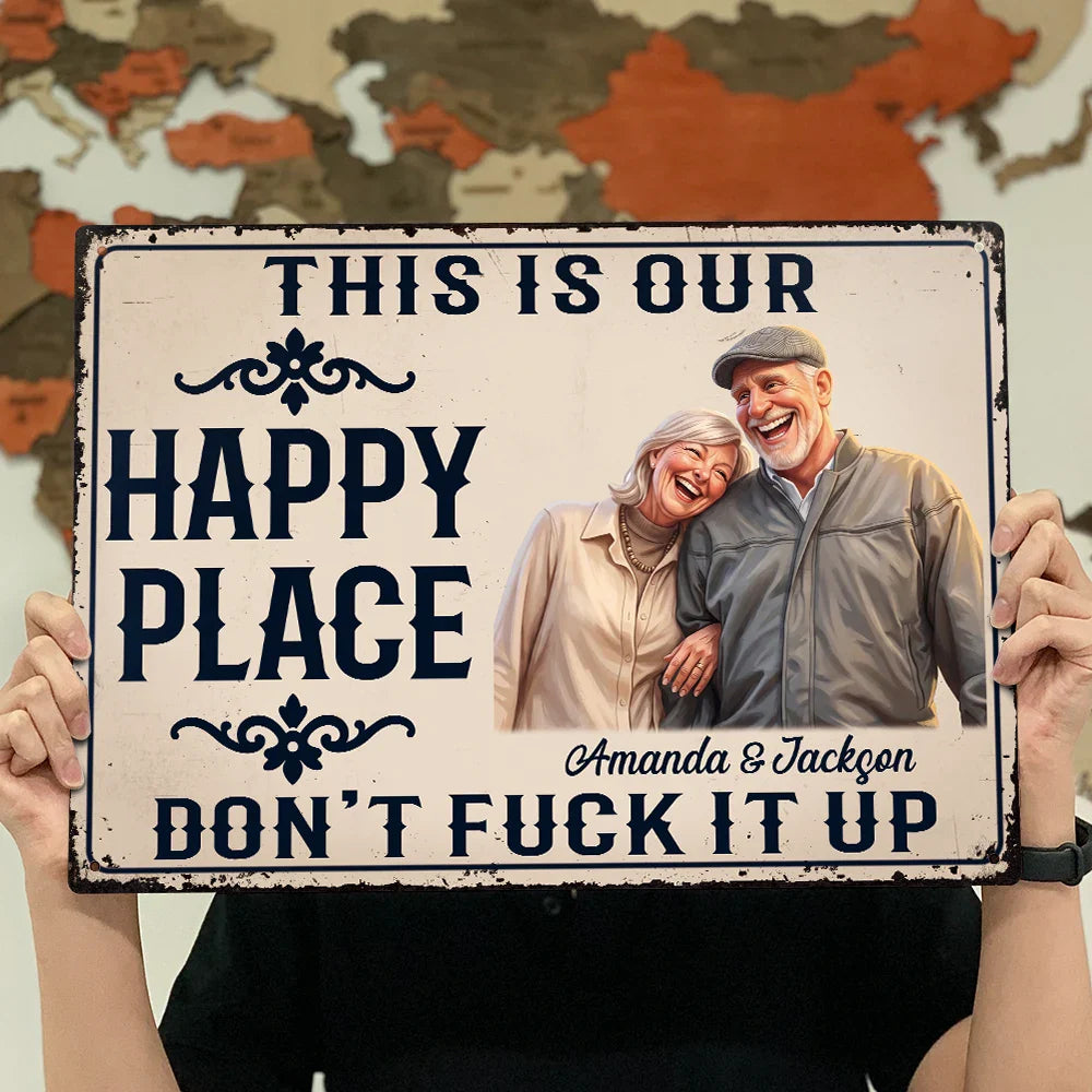 Custom Photo Caricature Couple Summer This Is Our Happy Place - Personalized Classic Metal Signs
