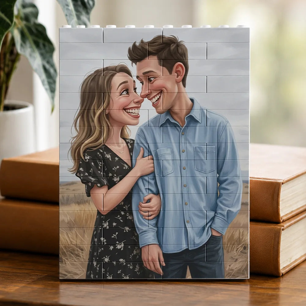 Custom Photo Caricature Happy Couple Anniversary - Personalized Building Brick Blocks