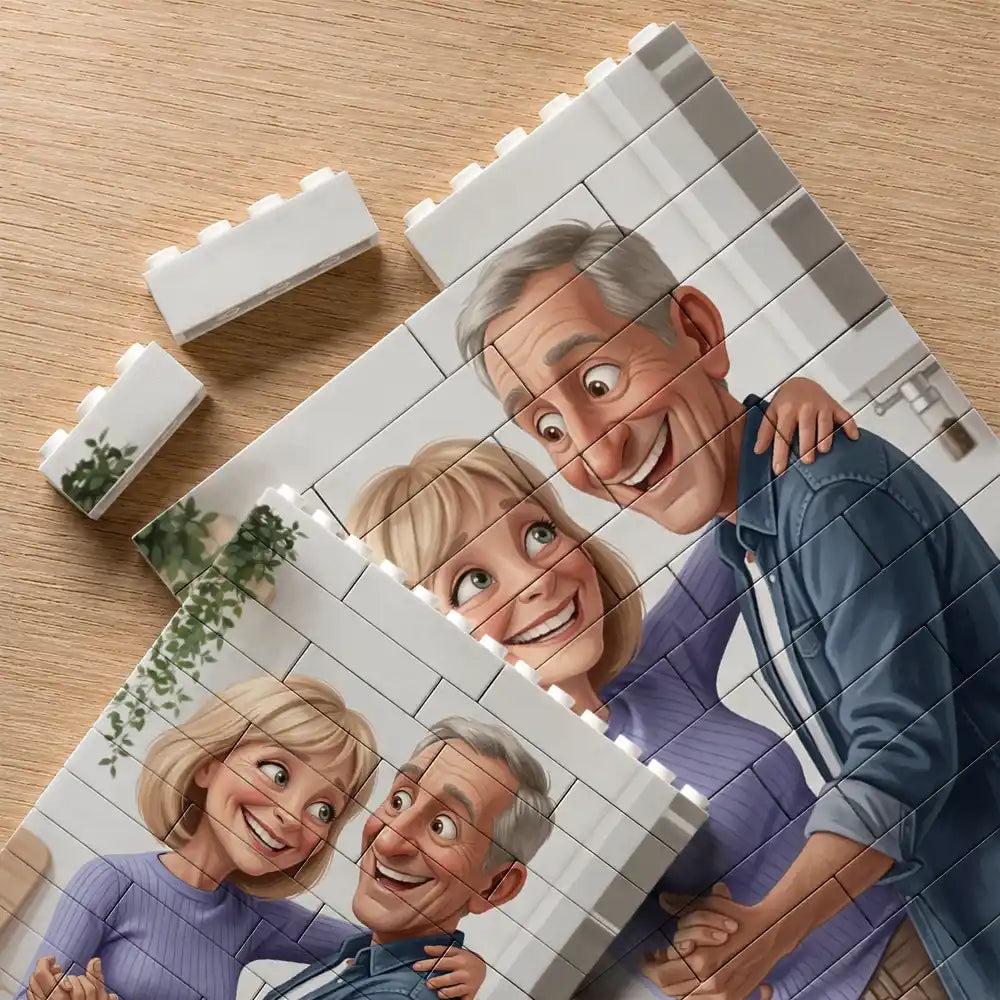 Custom Photo Caricature Happy Couple Anniversary - Personalized Building Brick Blocks