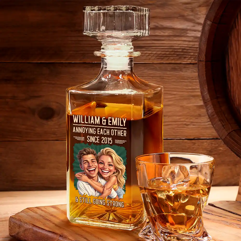Custom Photo Caricature Vintage Annoying Each Other - Personalized Square Whiskey Bottle