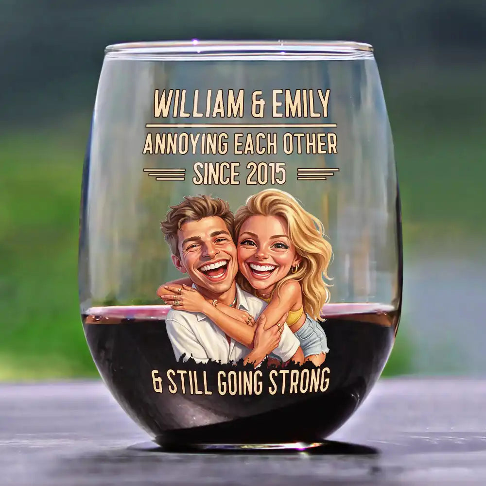 Custom Photo Caricature Vintage Annoying Each Other - Personalized Stemless Wine Glass