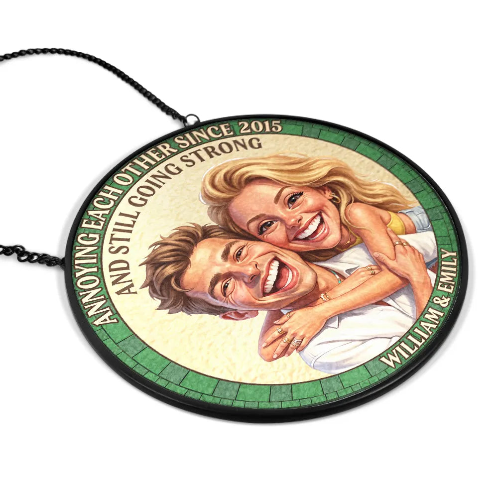 Custom Photo Caricature Vintage Annoying Each Other - Personalized Stained Glass Window Hanging Suncatcher