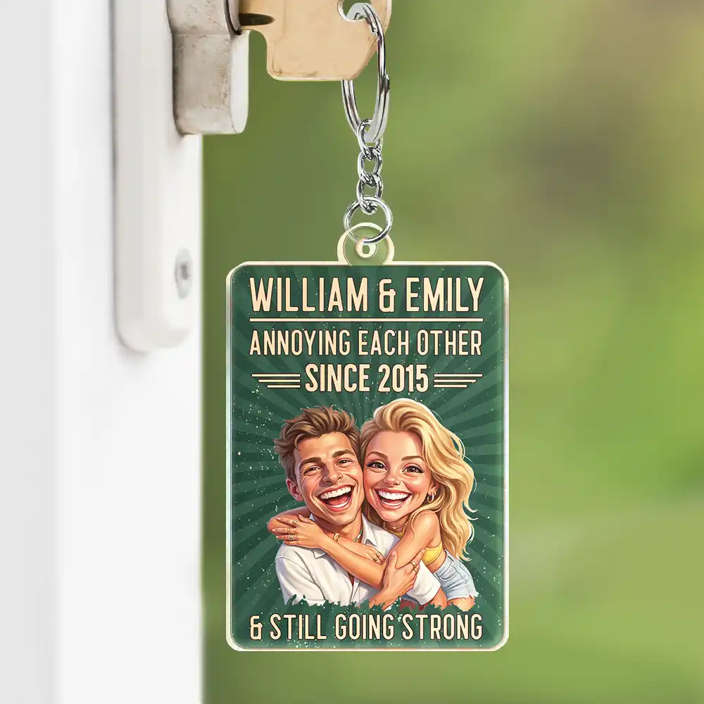 Custom Photo Caricature Vintage Annoying Each Other - Personalized Acrylic Keychain