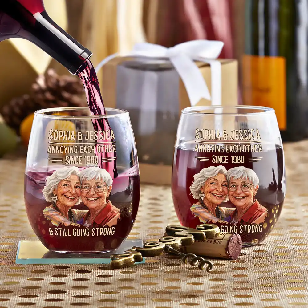 Custom Photo Caricature Vintage Annoying Each Other - Personalized Stemless Wine Glass