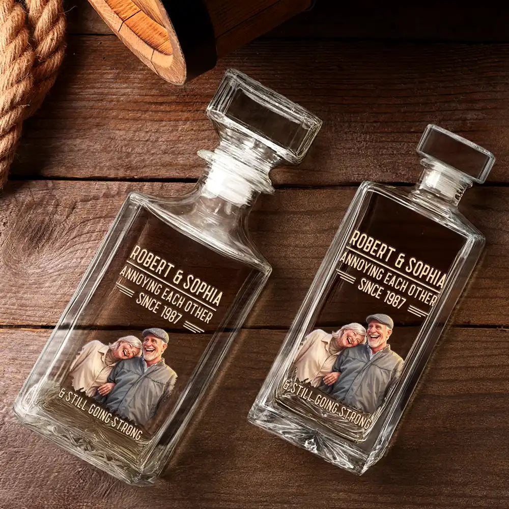 Custom Photo Caricature Vintage Annoying Each Other - Personalized Square Whiskey Bottle