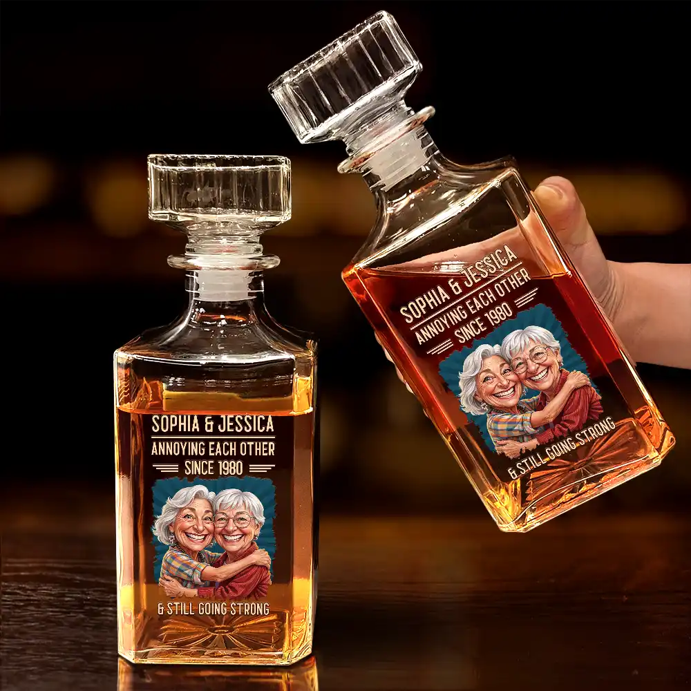 Custom Photo Caricature Vintage Annoying Each Other - Personalized Square Whiskey Bottle