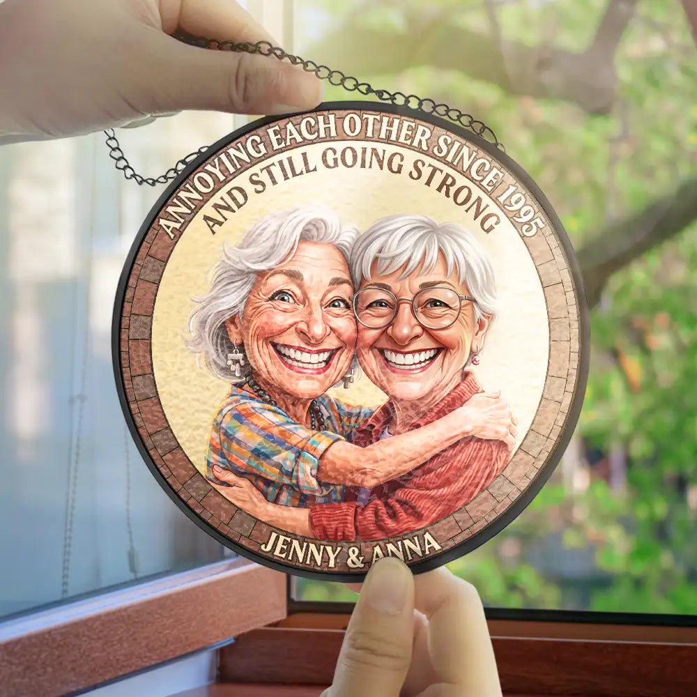 Custom Photo Caricature Vintage Annoying Each Other - Personalized Stained Glass Window Hanging Suncatcher