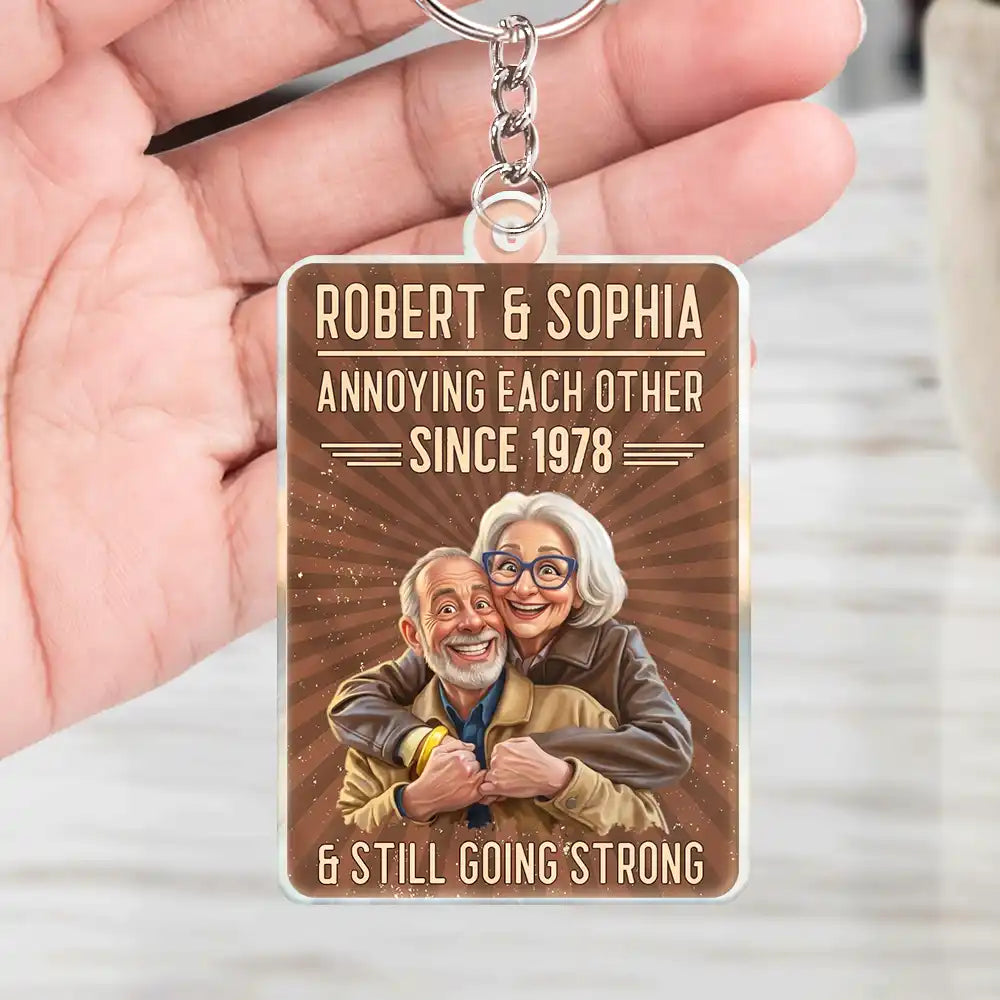 Custom Photo Caricature Vintage Annoying Each Other - Personalized Acrylic Keychain