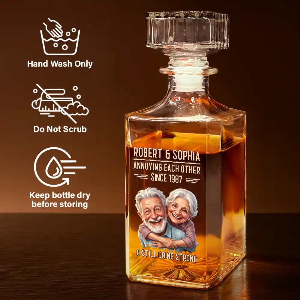Custom Photo Caricature Vintage Annoying Each Other - Personalized Square Whiskey Bottle