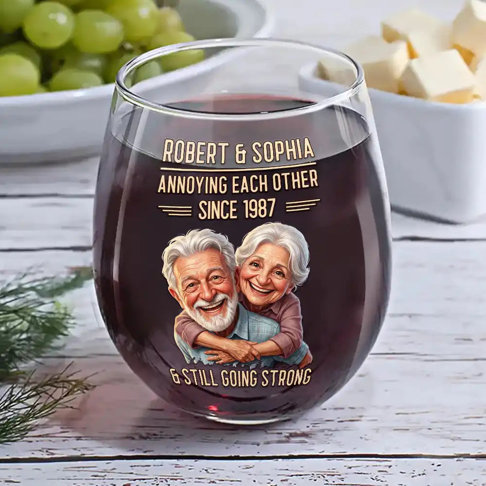 Custom Photo Caricature Vintage Annoying Each Other - Personalized Stemless Wine Glass
