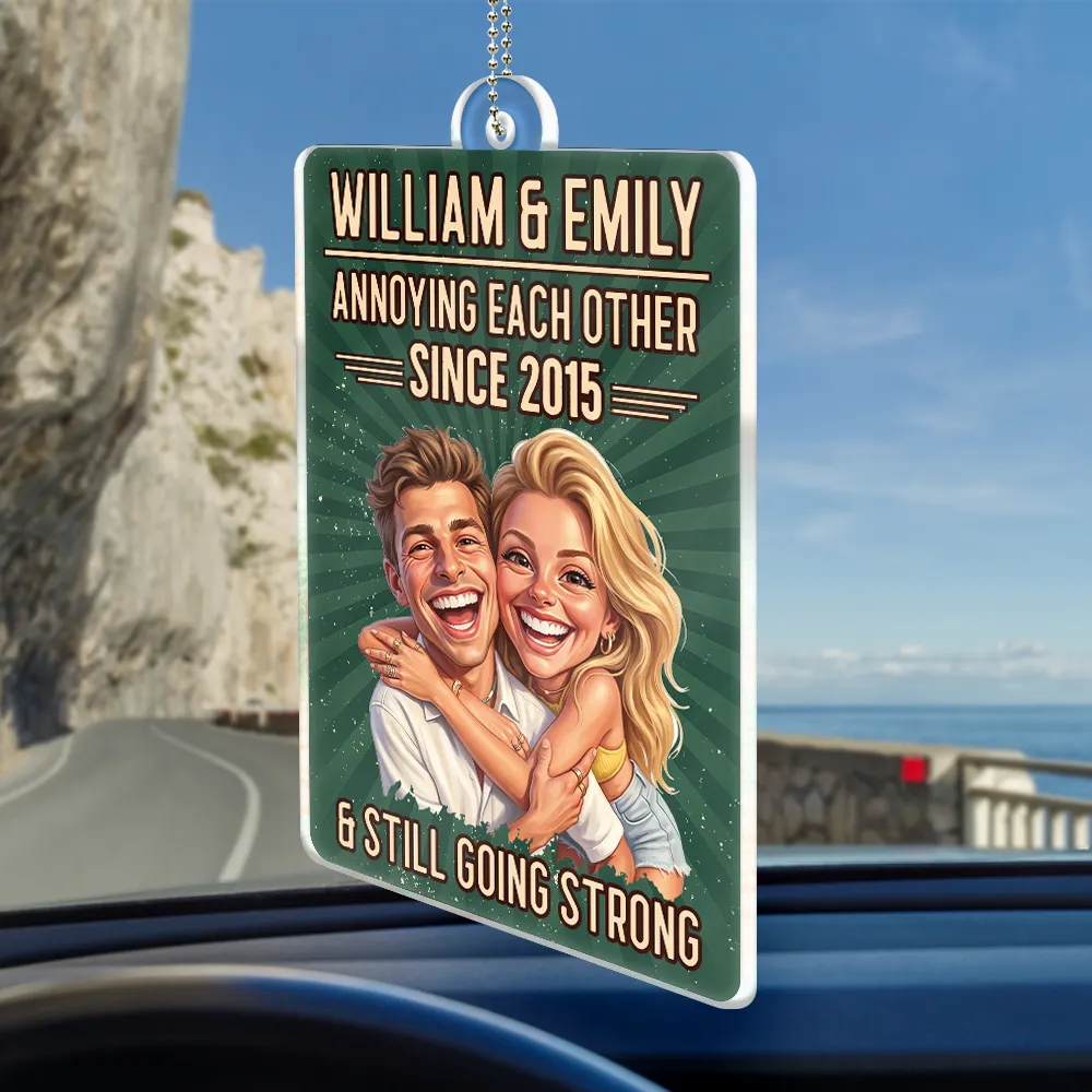 Custom Photo Caricature Vintage Annoying Each Other - Personalized Acrylic Car Hanger