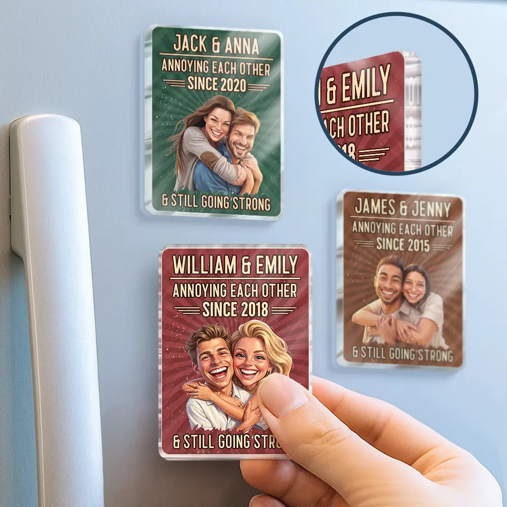 Custom Photo Caricature Vintage Annoying Each Other - Personalized Acrylic Magnet