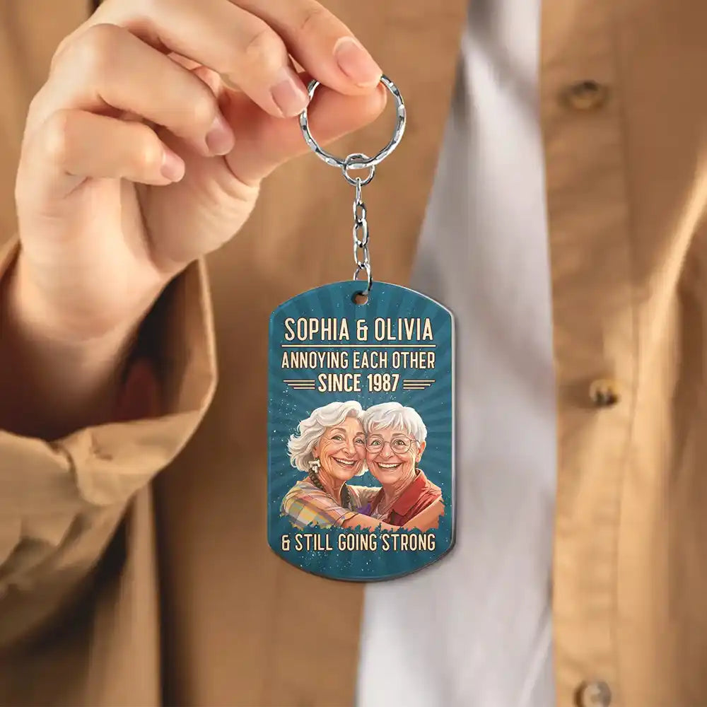 Custom Photo Caricature Vintage Annoying Each Other - Personalized Aluminum Keychain