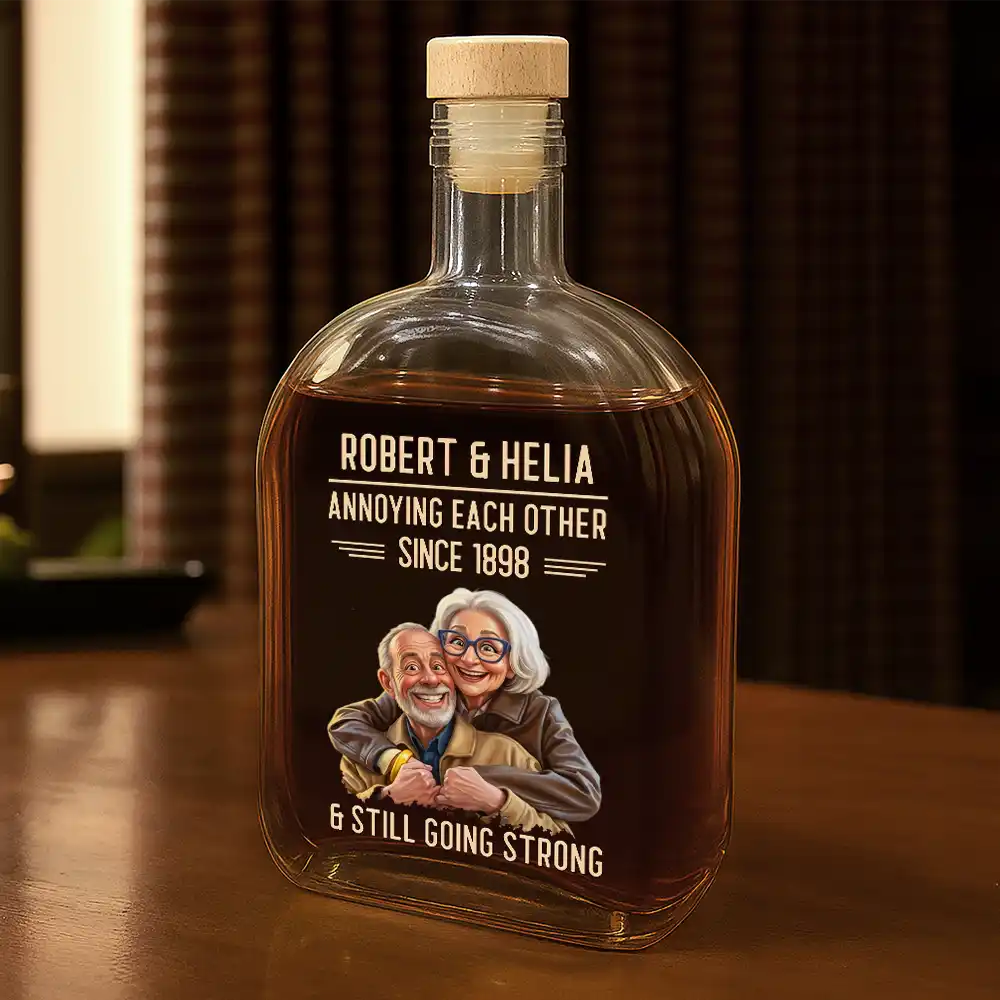 Custom Photo Caricature Vintage Annoying Each Other - Personalized Whiskey Bottle