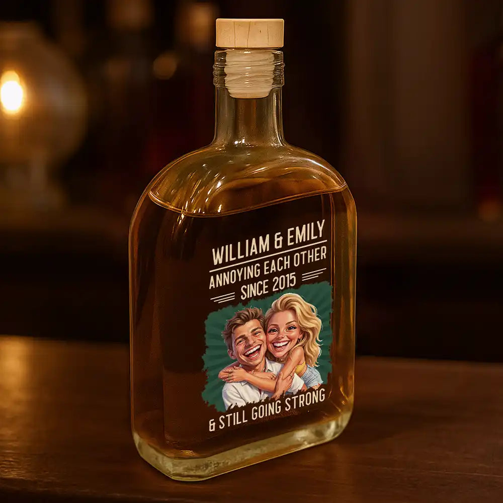 Custom Photo Caricature Vintage Annoying Each Other - Personalized Whiskey Bottle