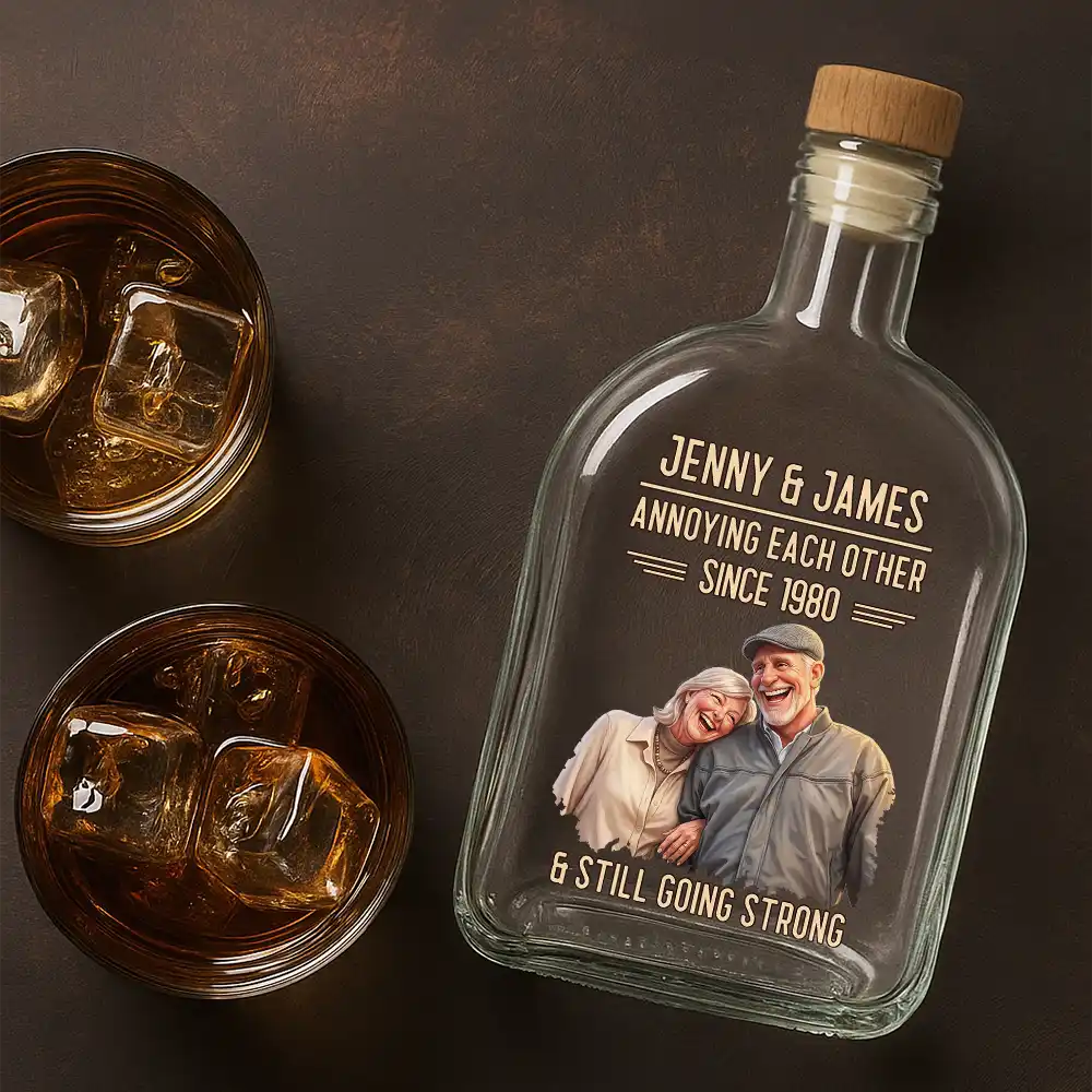 Custom Photo Caricature Vintage Annoying Each Other - Personalized Whiskey Bottle