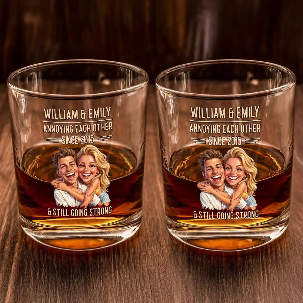 Custom Photo Caricature Vintage Annoying Each Other - Personalized Whiskey Glass