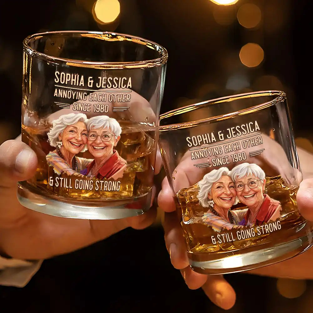 Custom Photo Caricature Vintage Annoying Each Other - Personalized Whiskey Glass
