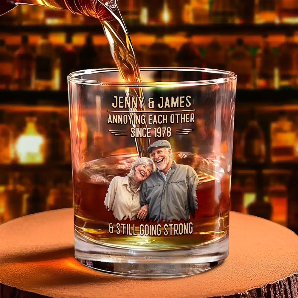 Custom Photo Caricature Vintage Annoying Each Other - Personalized Whiskey Glass