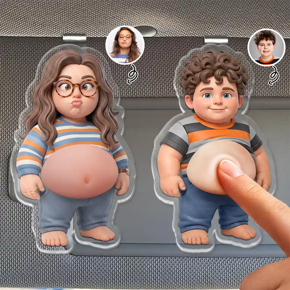 Custom Photo Cartoon Funny Belly Character Family Member - Personalized Squishy Acrylic Car Visor Clip