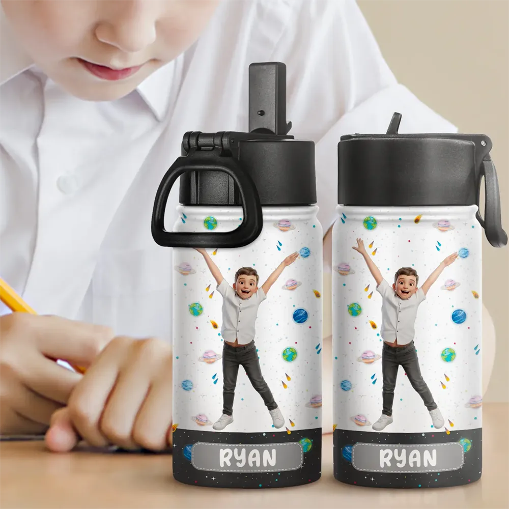 Custom Photo Cartoon Portrait Adorable Kid And Name - Personalized Kids Water Bottle