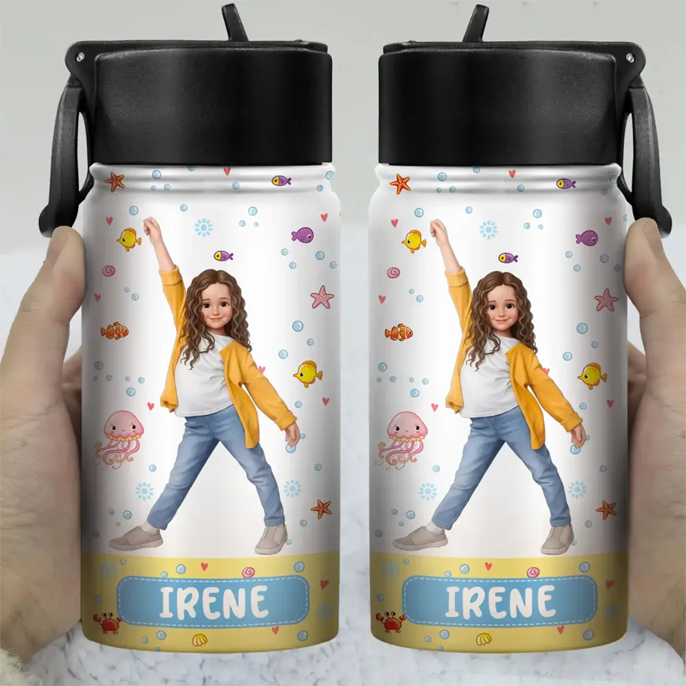 Custom Photo Cartoon Portrait Adorable Kid And Name - Personalized Kids Water Bottle