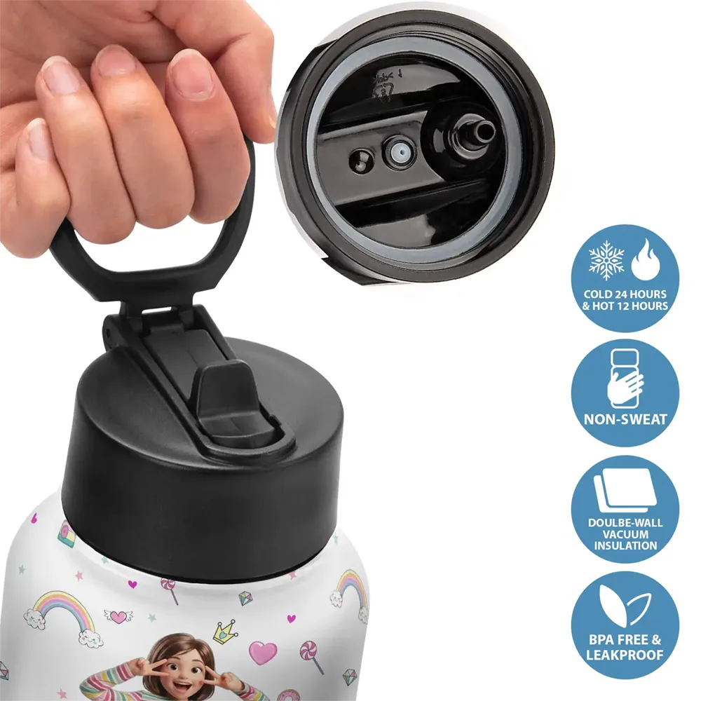 Custom Photo Cartoon Portrait Adorable Kid And Name - Personalized Kids Water Bottle