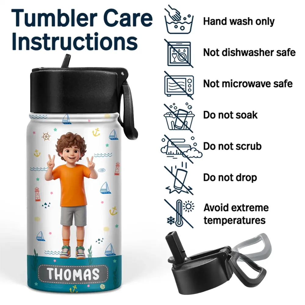 Custom Photo Cartoon Portrait Adorable Kid And Name - Personalized Kids Water Bottle