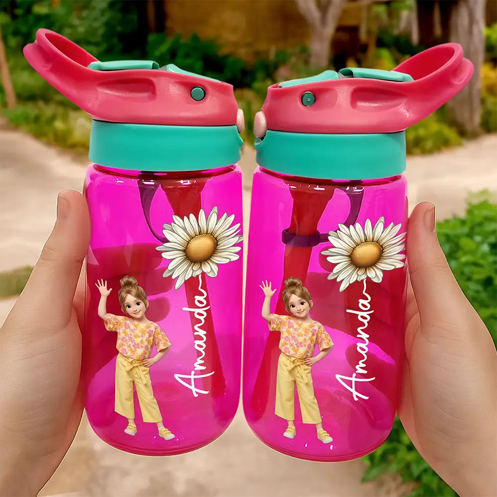 Custom Photo Cartoon Portrait Adorable Kid With Birth Month Flower - Personalized Kids Water Bottle With Straw