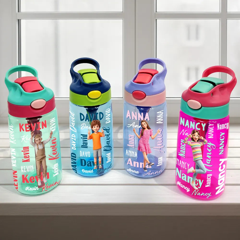Custom Photo Cartoon Portrait Adorable Kids With Name - Personalized Kids Water Bottle With Straw
