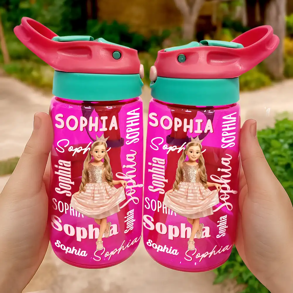 Custom Photo Cartoon Portrait Adorable Kids With Name - Personalized Kids Water Bottle With Straw