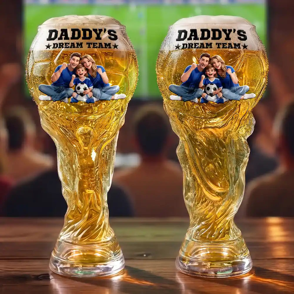 Custom Photo Cartoon Portrait Daddy's Dream Team Soccer - Personalized Beer Glass