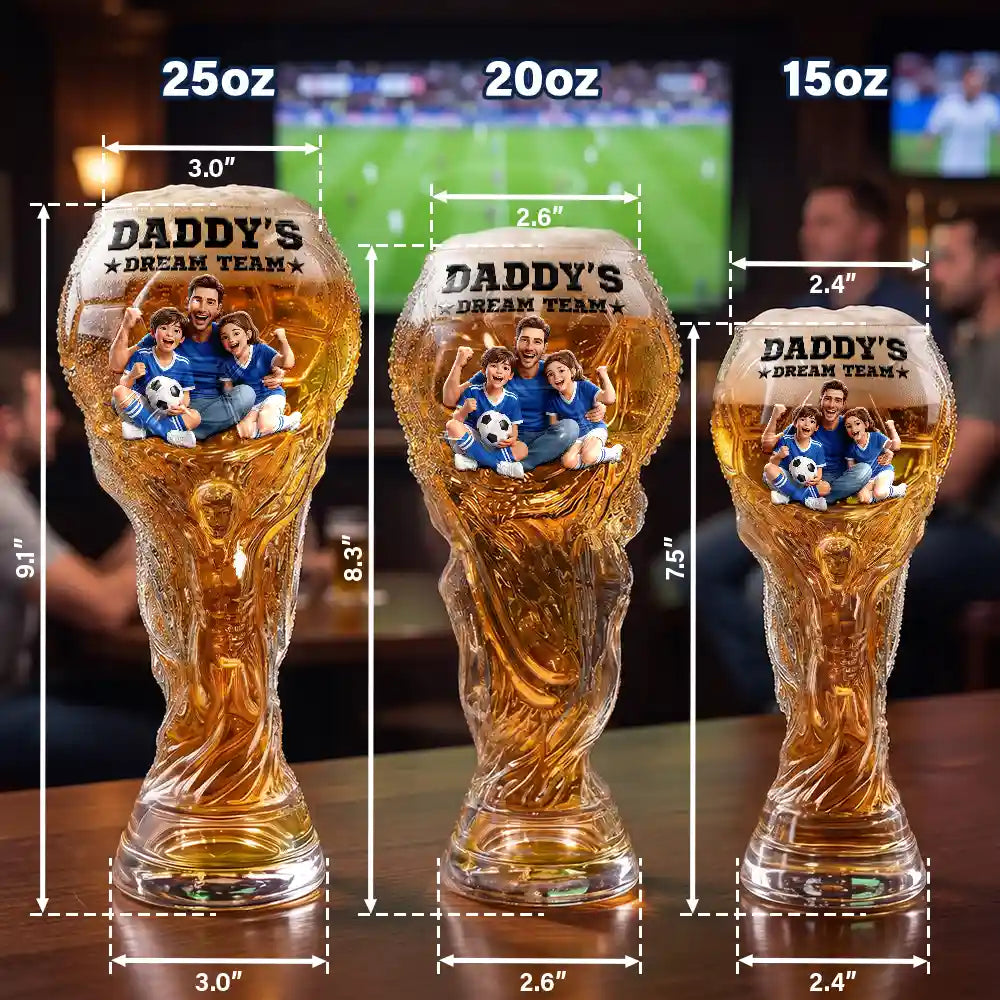 Custom Photo Cartoon Portrait Daddy's Dream Team Soccer - Personalized Beer Glass