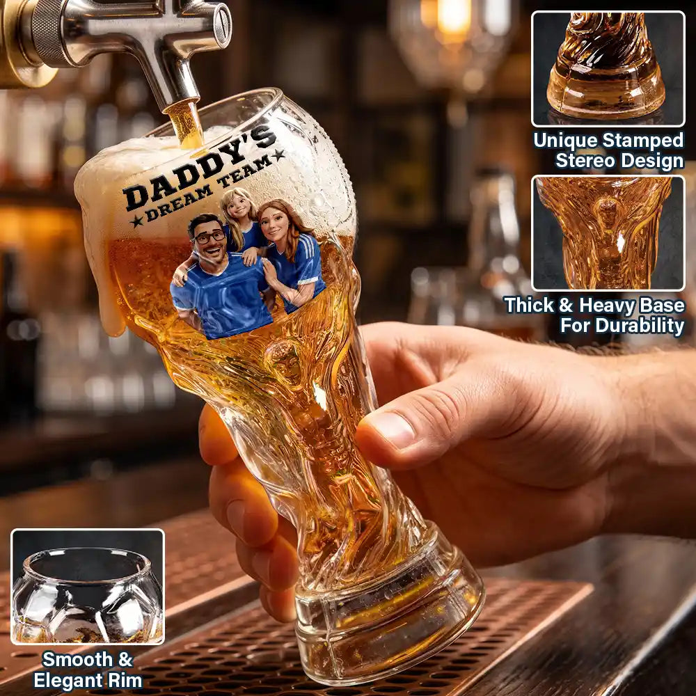 Custom Photo Cartoon Portrait Daddy's Dream Team Soccer - Personalized Beer Glass