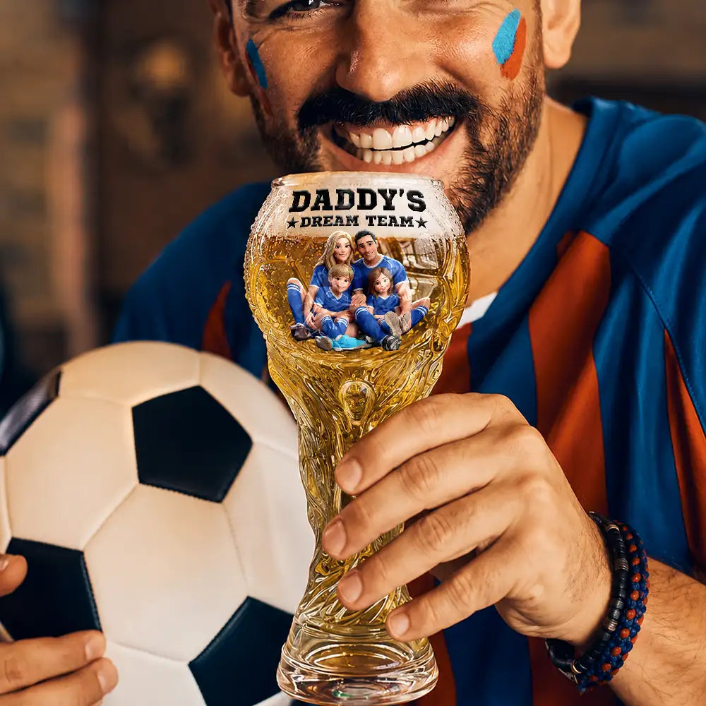 Custom Photo Cartoon Portrait Daddy's Dream Team Soccer - Personalized Beer Glass