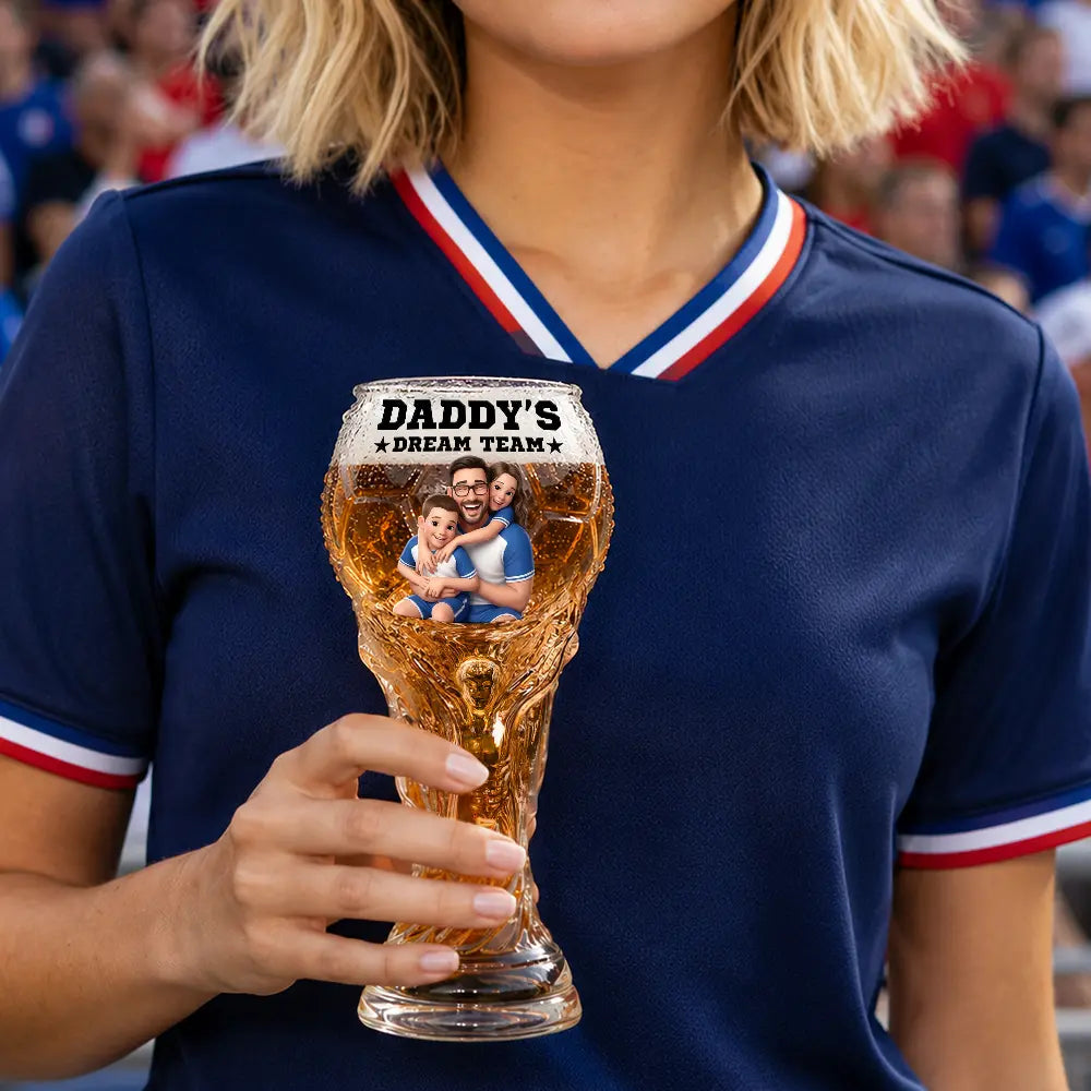 Custom Photo Cartoon Portrait Daddy's Dream Team Soccer - Personalized Beer Glass