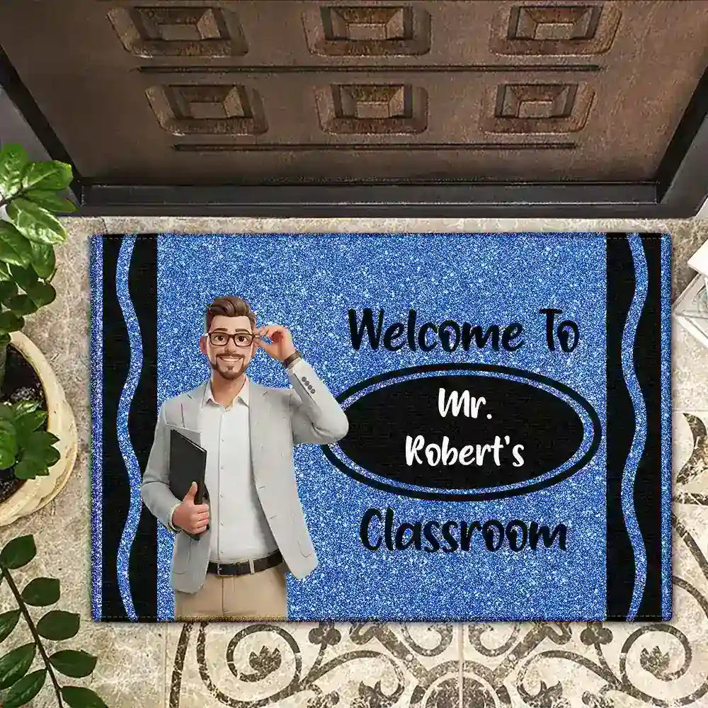 Custom Photo Cartoon Portrait Teacher Classroom Glitter Effect - Personalized Doormat