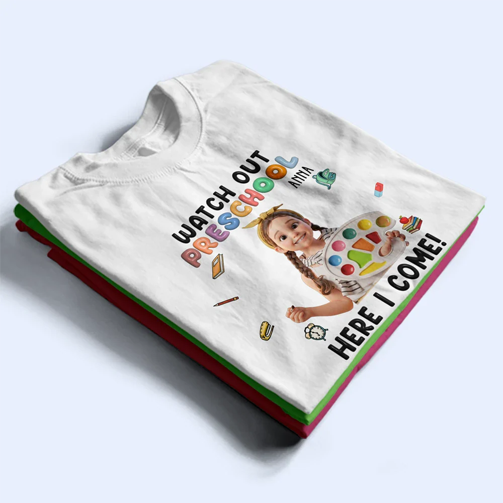 Custom Photo Cartoon Portrait Watch Out Kindergarten Here I Come - Personalized T Shirt