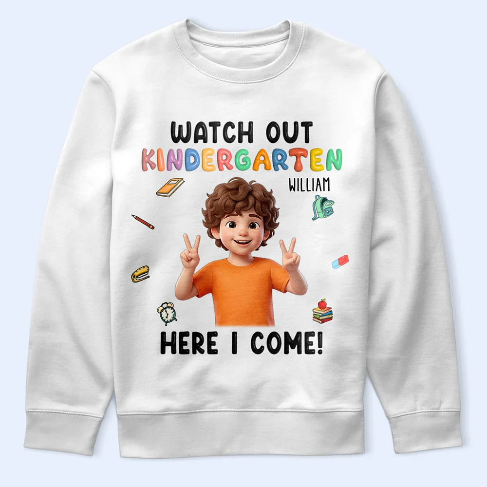Custom Photo Cartoon Portrait Watch Out Kindergarten Here I Come - Personalized T Shirt